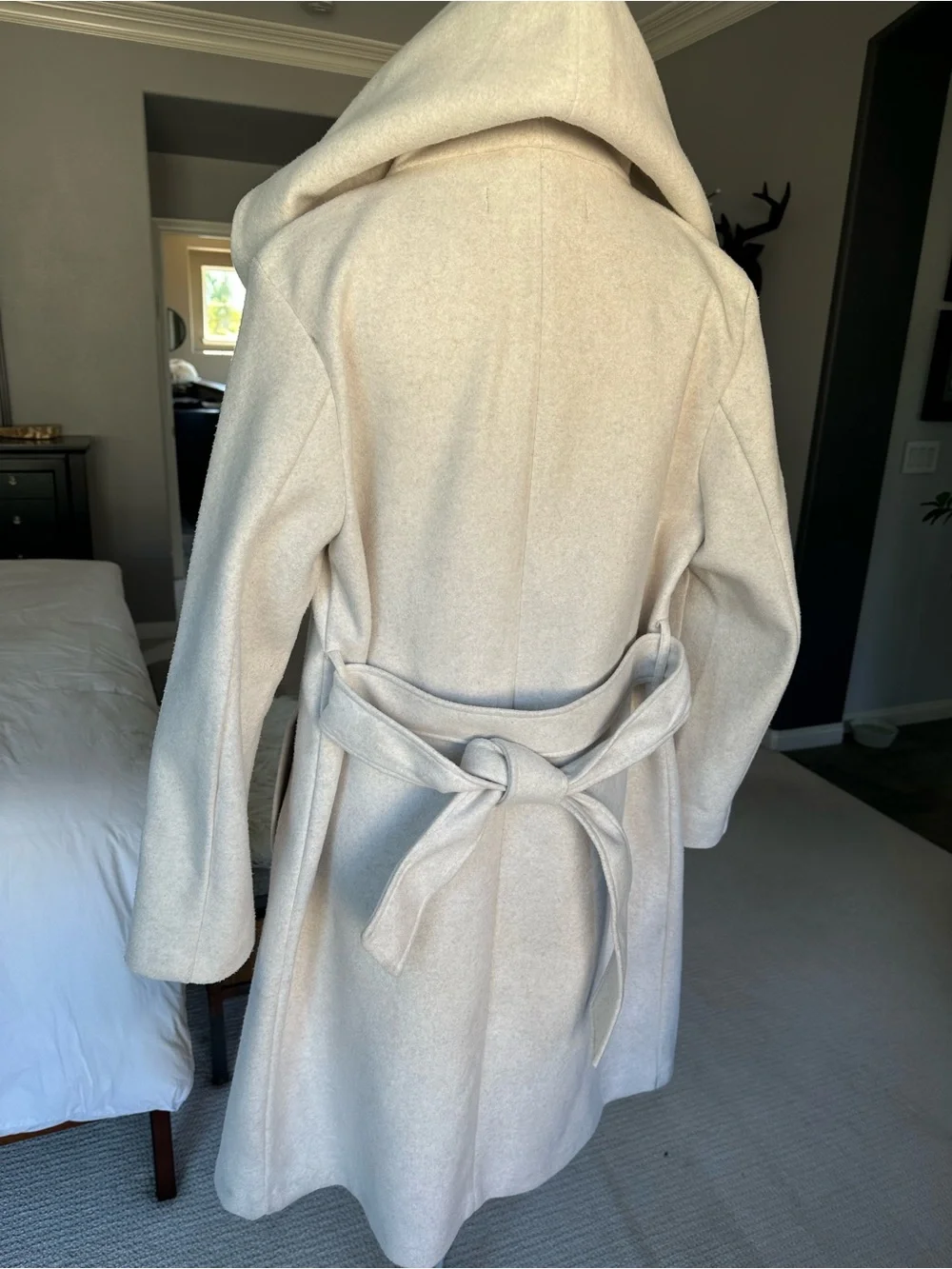 Zara Cream Hooded Wrap Coat with Self-Tie Belt, size medium - Picture 4 of 17